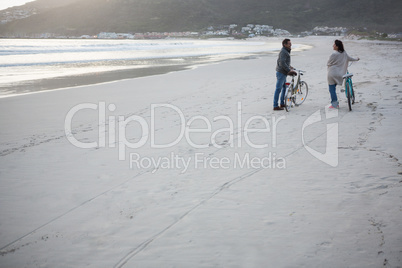 Couple standing with bicycle interacting with each other on beach