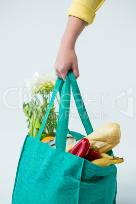 Hand of a woman holding grocery bag