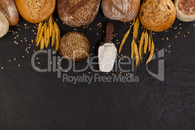 Various bread loaves with flour and wheat grains