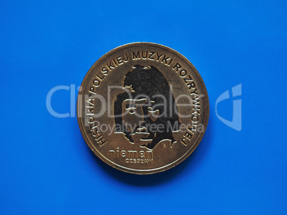 Two Polish Zloty coin, Poland over blue