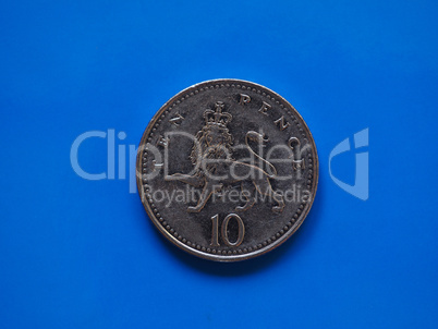 10 pence coin, United Kingdom over blue