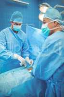 Surgeon with scalpel performing operation in operation theater