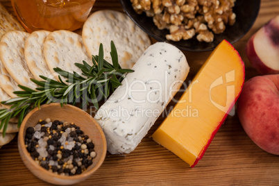 Various food items on wooden board