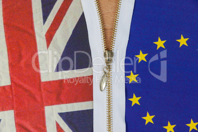 Union Jack and european union flag being unzipped to demonstrate brexit referendum concept