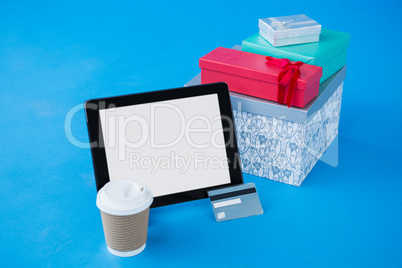 Gift boxes and credit card with digital tablet