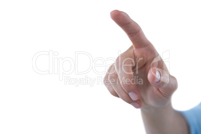 Hand of man pretending to touch an invisible screen