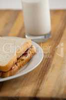 Peanut butter and jam sandwich on plate