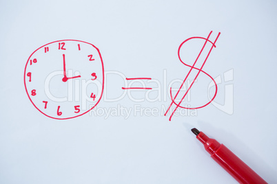Clock and dollar sign drawn on white paper