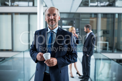 Portrait of businessman standing in corridor and colleagues talking in background