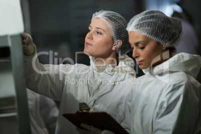 Female butchers discussing over clipboard