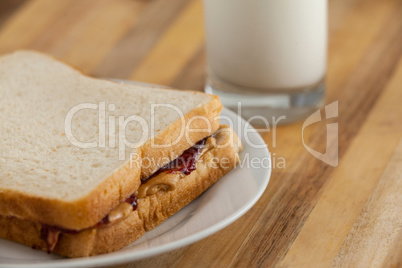 Peanut butter and jam sandwich on plate