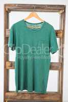 Green t-shirt hanging on wooden frame