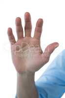Hand of man pretending to touch an invisible screen