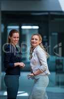 Happy businesswomen standing in office