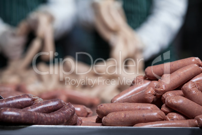 Sausages at meat factory