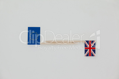 Small sticks with union jack and european union paper flag