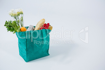 Bread loaf and vegetables in grocery bag