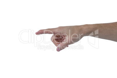 Hand of man pretending to touch an invisible screen