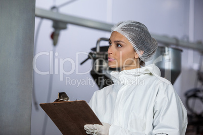 Female butcher maintaining records on clipboard