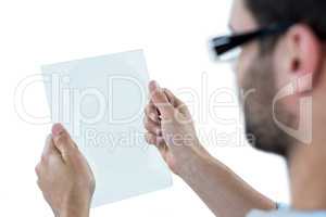 Man using futuristic digital tablet