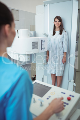 Female patient undergoing an x-ray test