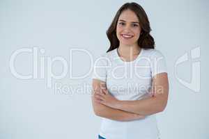 Smiling woman in white t-shirt