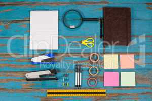 Notepad, stapler, pins, sellotapes, diary, sticky notes, ruler and pens