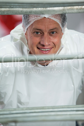 Smiling butcher standing in meat factory