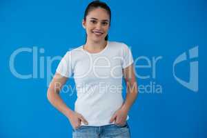 Happy woman in white t-shirt