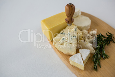 Variety of cheese with rosemary and knife on wooden board