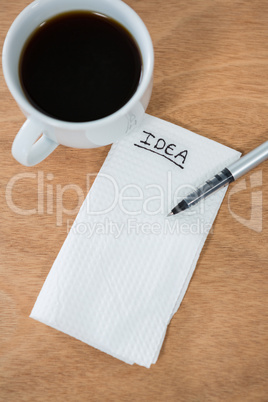 Black coffee with idea written on tissue paper