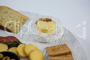 Brie cheese with crackers and ingredients on wooden board