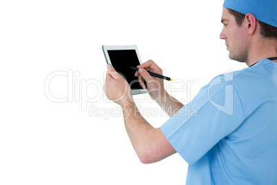 Surgeon using digital tablet