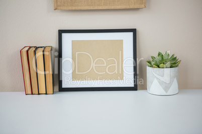 Books with picture frame and pot plant