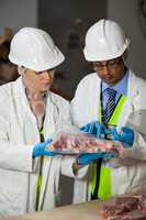 Technicians examining meat