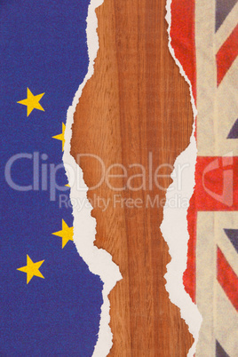 Half torn union jack and european union paper flag