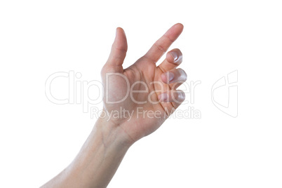 Hand of man pretending to touch an invisible screen