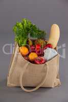 Vegetables and fruits in grocery bag