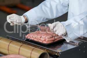 Butcher packing raw sausages