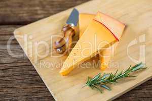 Slices of cheese, rosemary herbs and knife on wooden board