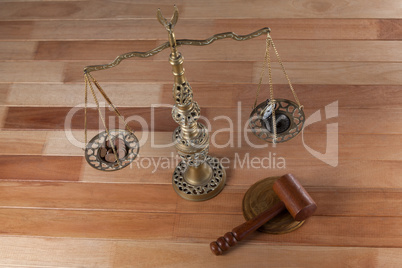 Conceptual image of watch and coins on the justice scale