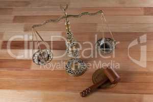 Conceptual image of watch and coins on the justice scale