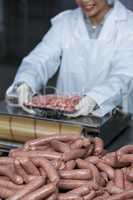 Butcher packing raw sausages