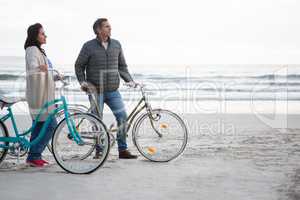 Couple standing with bicycle on beach