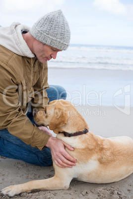 Man pampering dog while sitting