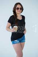 Woman in black t-shirt and hot pants