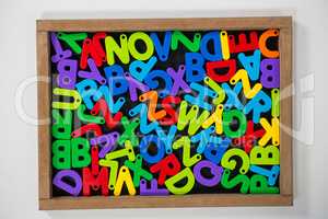 Multicolored Jumbled alphabets on slate board