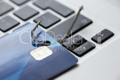 Credit card in fishing hook on laptop
