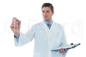 Doctor with clipboard pretending to be using futuristic digital screen