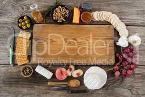 Various food items and chopping board